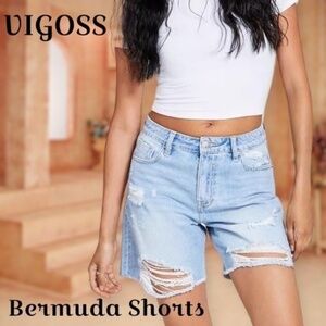 VIGOSS Jeans Destructed High Rise Denim Bermuda Shorts